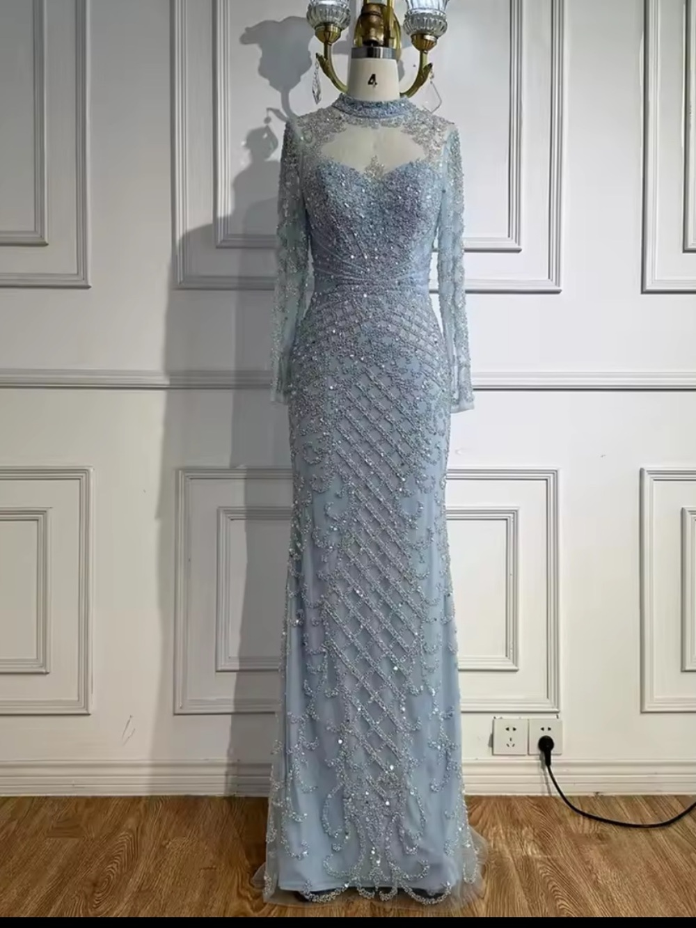 Serene Hill Long Sleeve Light Blue Beaded Evening Gown